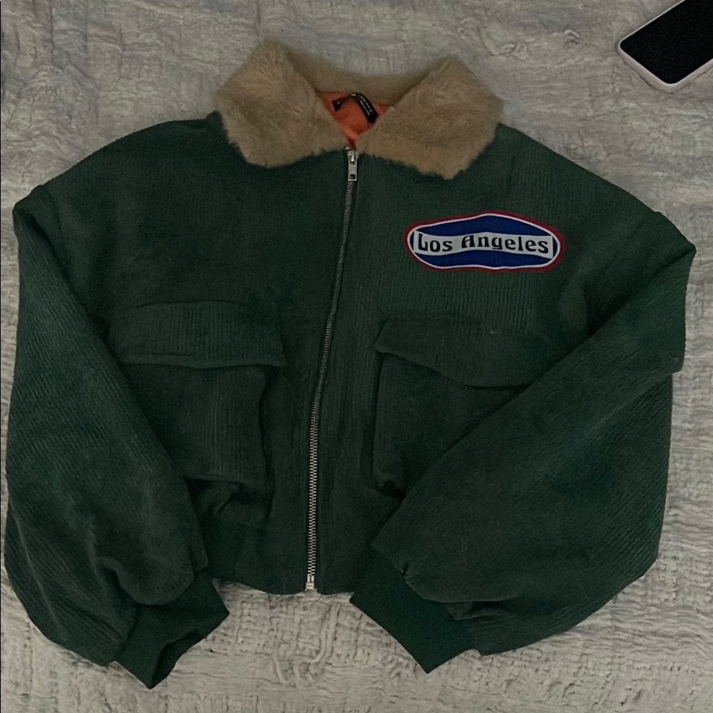 SHEIN Green Corduroy Jacket with Fur Collar